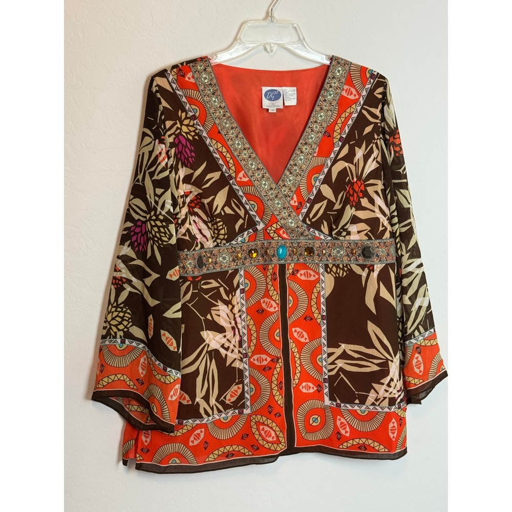 DG2 by Diane Gilman Womens Orange Brown Embellished V-Neck Tunic Top Size M